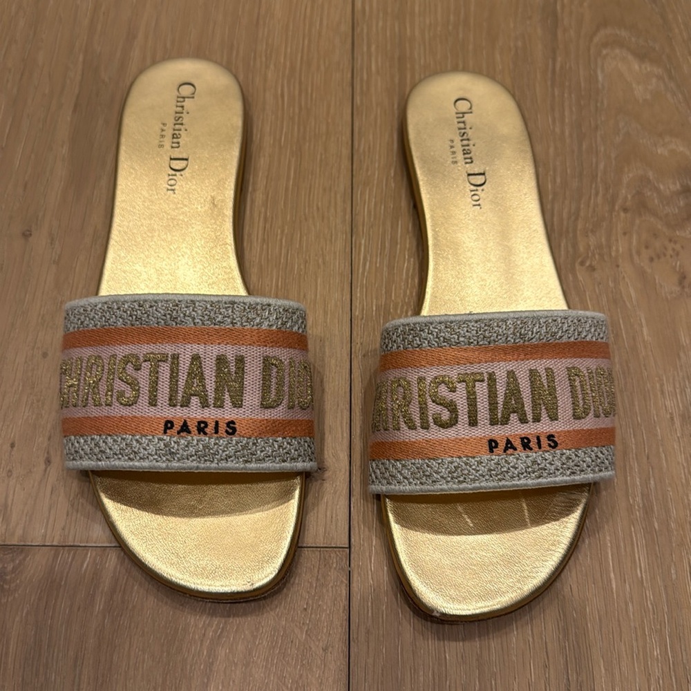 Dior Gold and Brown Slide Sandals